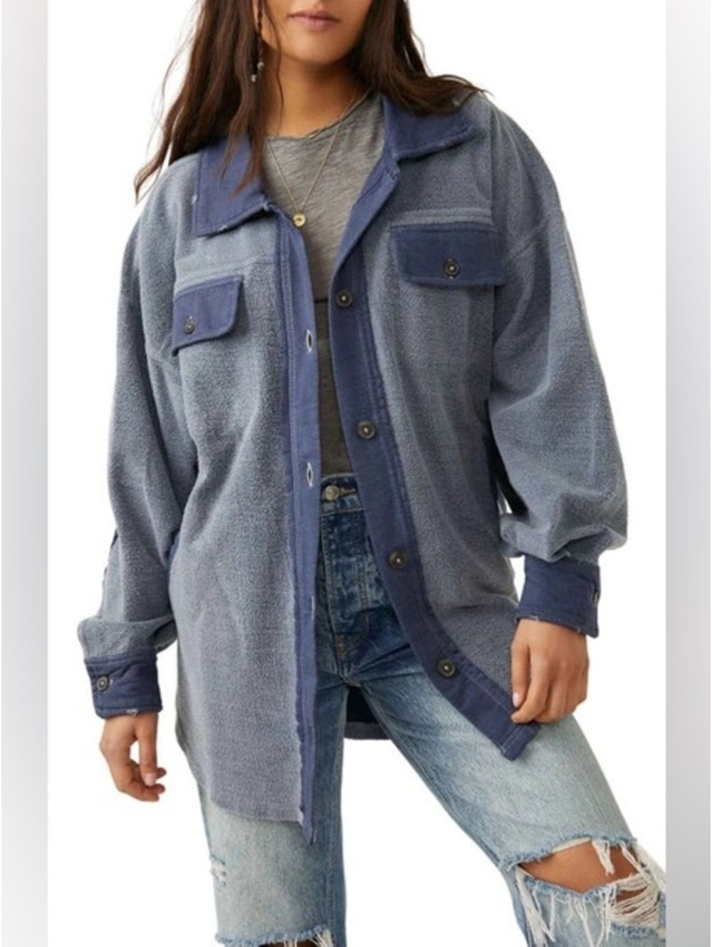 Free People Ruby Jacket Oversized Shacket Navy/Oceana Blue Size Small $128